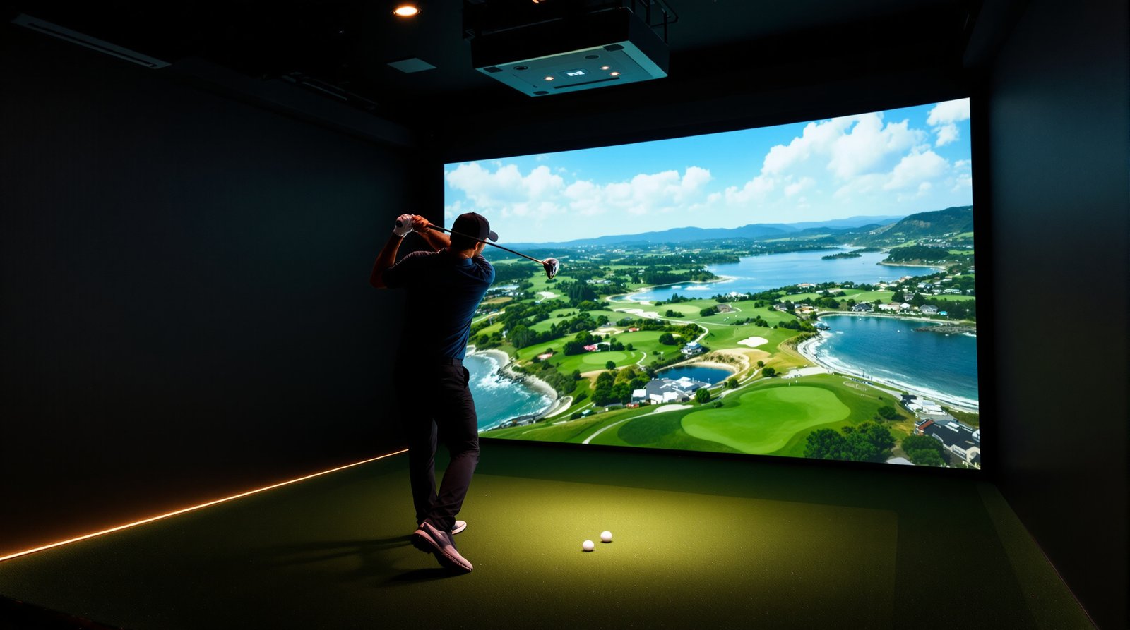 Spieler in einer Trackman IO Box mit Projektion eines Küstenkurses